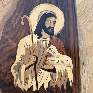Wooden Marquetry Inlay Jesus The Good Shepherd Wall Plaque